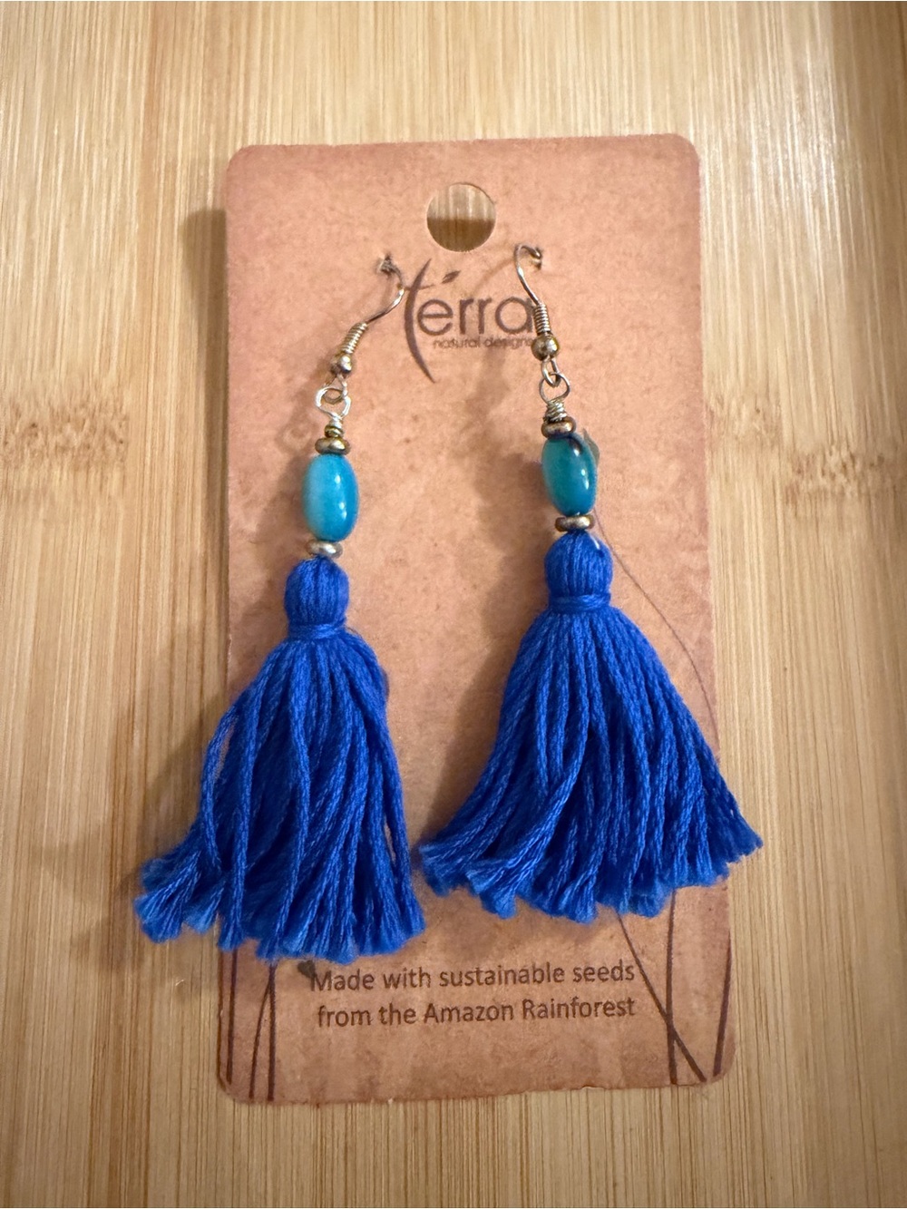 NWT Terra Natural Designs Rainforest Royal Blue Tassel Dangle Pierced Earrings